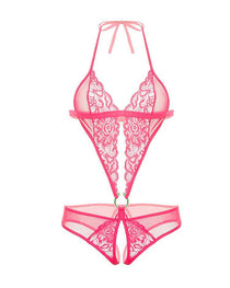 Sexy Lace Sheer Abdominal Ring Closure Open Crotch Bodysuit