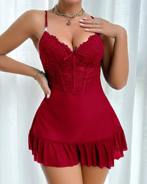 Sexy Lace See-through Mesh Camisole Nightgown and Robe Set