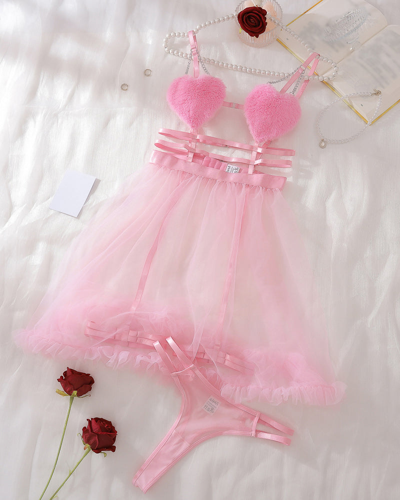 Heart-shaped Cutout Sexy Sheer Mesh Chemise and Thong Set