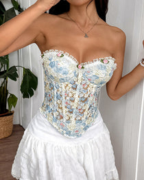 Floral Embroidered Sheer Mesh Backless Tie-up Strapless Top