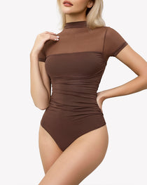 Women's High-Neck Sheer Mesh Panel Seamless Short Sleeve Bodysuit