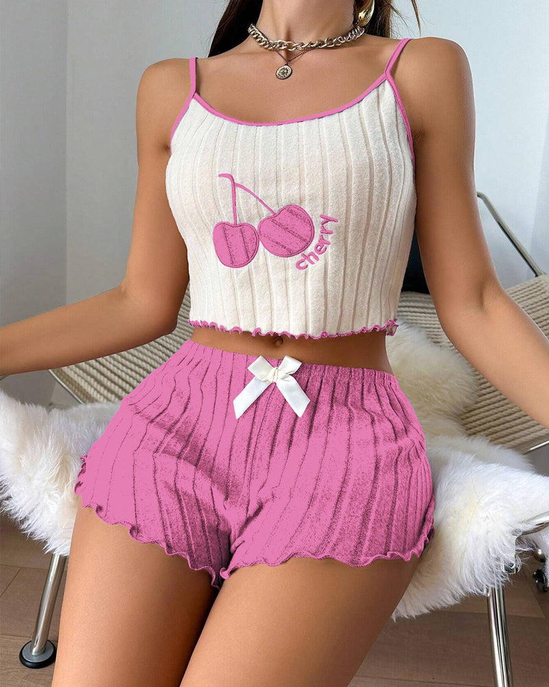 Cherry Brushed Colorblock Camisole and Shorts Loungewear Set Main image