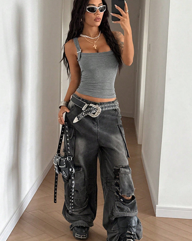 Sexy Low-cut Adjustable Strap Solid Color Stretch Vest