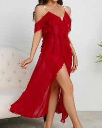 Sexy Ruffled Sheer Mesh Metal Chain Straps Long Slip Dress Nightgown