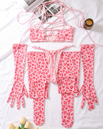 Valentine's Day Pink Heart Leopard Print Bust Cutout Lingerie with Gloves and Stockings Set