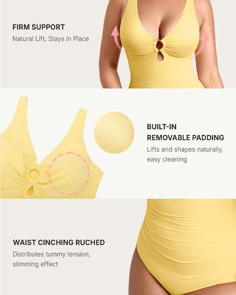 Deep V Solid Color Tummy Control Shaping One-piece Swimsuit