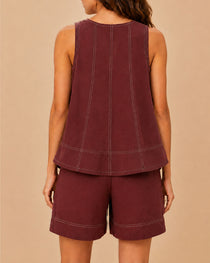 Casual Pure Cotton Sleeveless Vest and High Waist with Pocket Short Suit