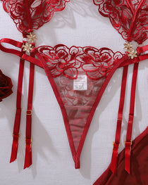 Floral Embroidery See-through Push-up Shaping Thin Sexy Lingerie Set with Stockings