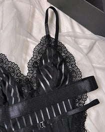 Deep V-neck Lace-trimmed Striped See-through Mesh Sexy Lingerie Bodysuit