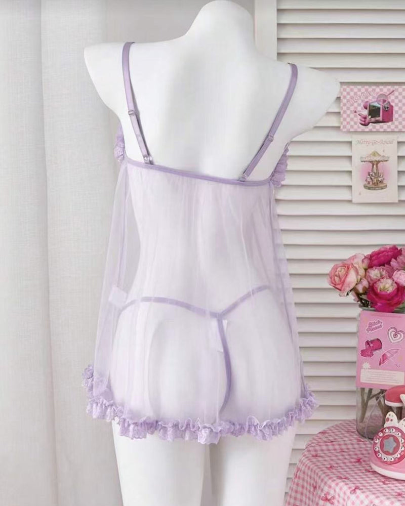 Sexy Lace Mesh See-through Slip Dress Lingerie Set