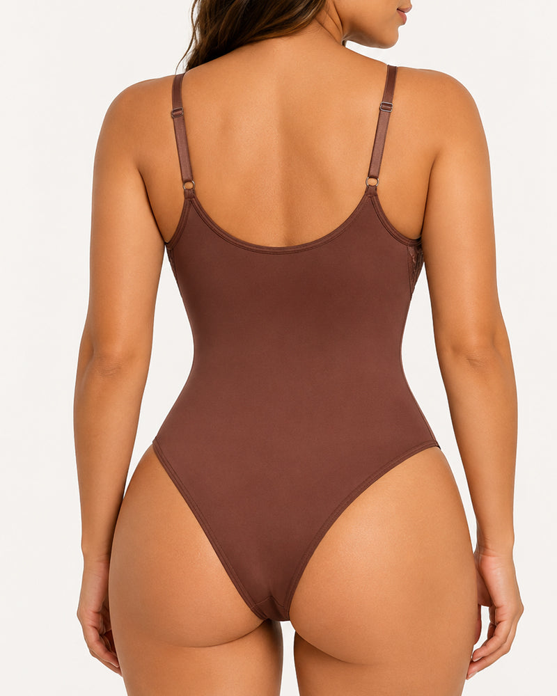Women's Deep V Lace-Trimmed Tummy Control Seamless Bodysuit