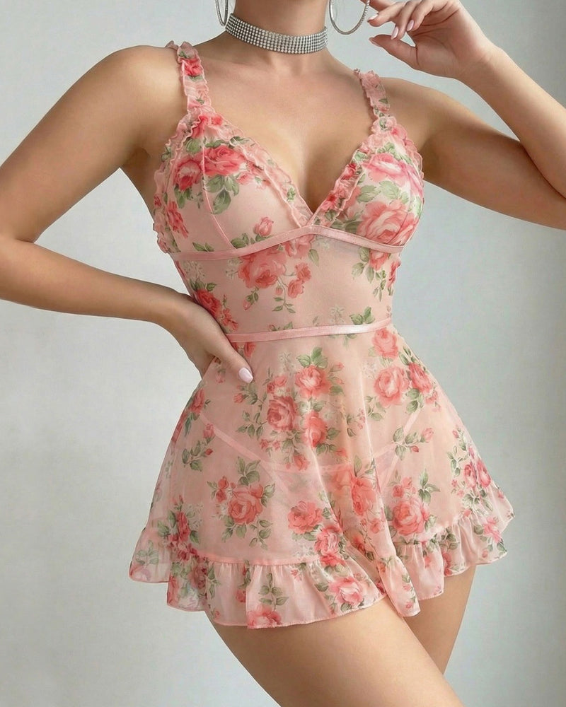 Deep V-neck Floral Print Sheer Mesh Ruffle Camisole Nightgown Secondary image