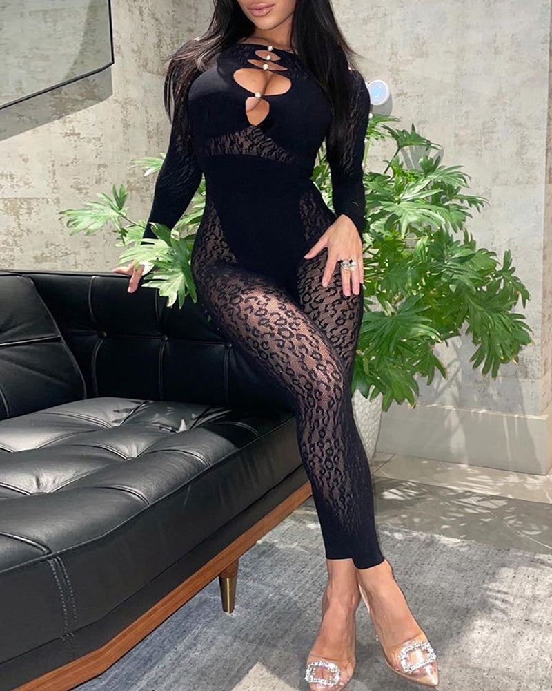 Sexy Leopard Print Jacquard Pearl-embellished Cutout Long-sleeved Jumpsuit Main image