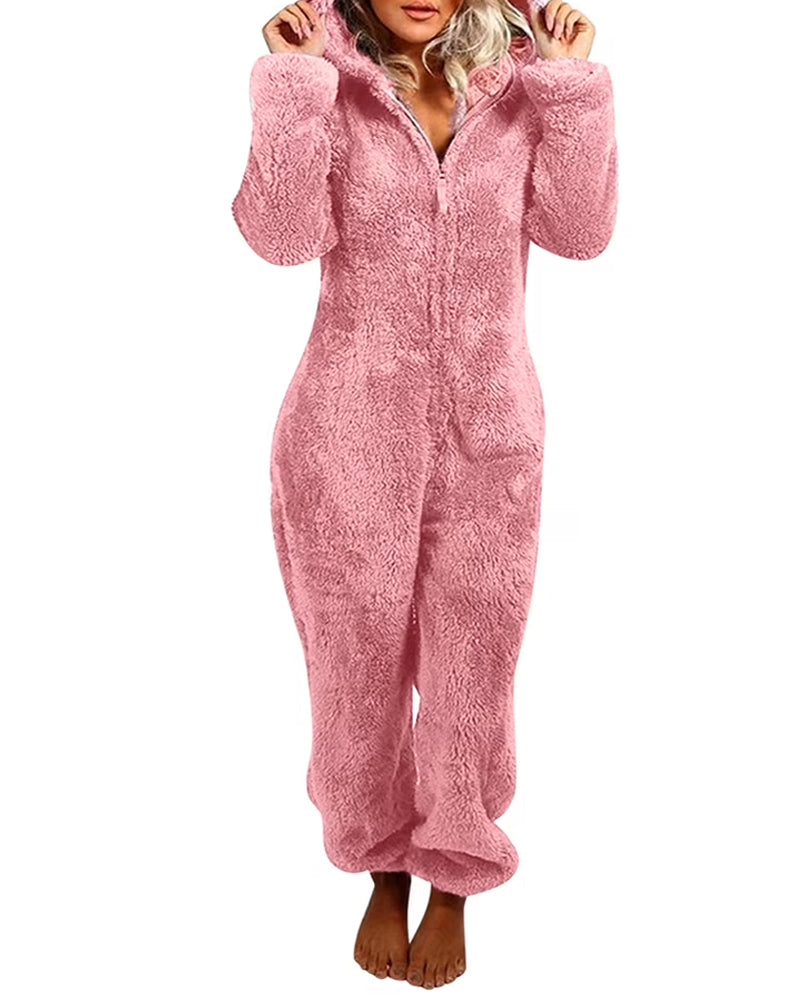 Teddy Bear Ear Zipper Hooded Plush Long-Sleeved Pants Onesie Pajamas Main image