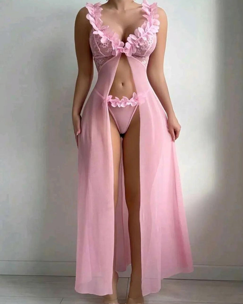 Sexy Low-Cut Floral See-Through Mesh Suspender Maxi Dress Set Main image