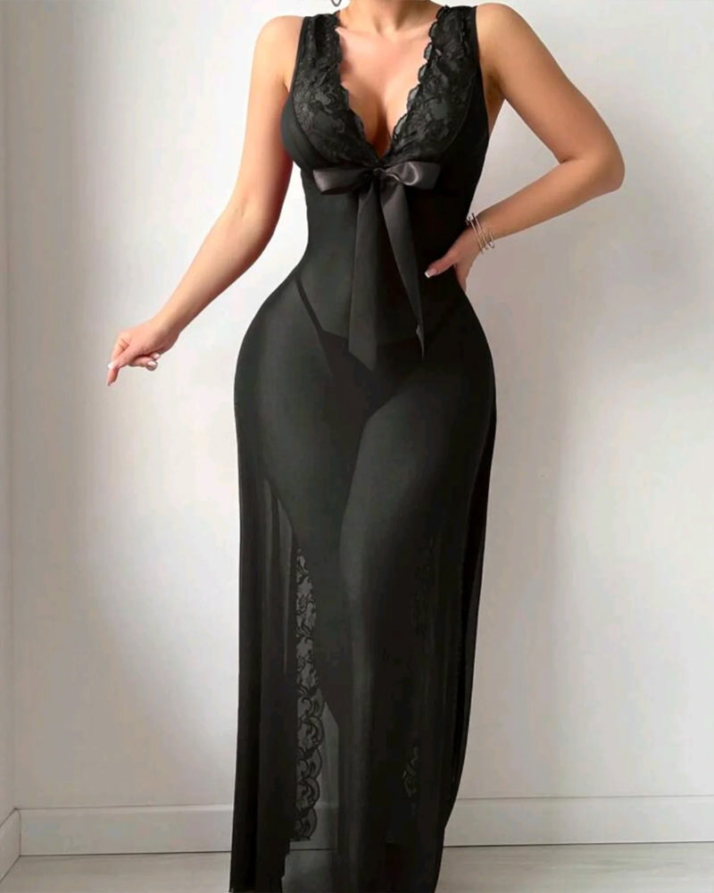 Sexy Deep V-neck High Slit Lace See-through Long Nightgown