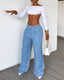 High Waist Pleated Tencel Faux Denim Wide-leg Pants