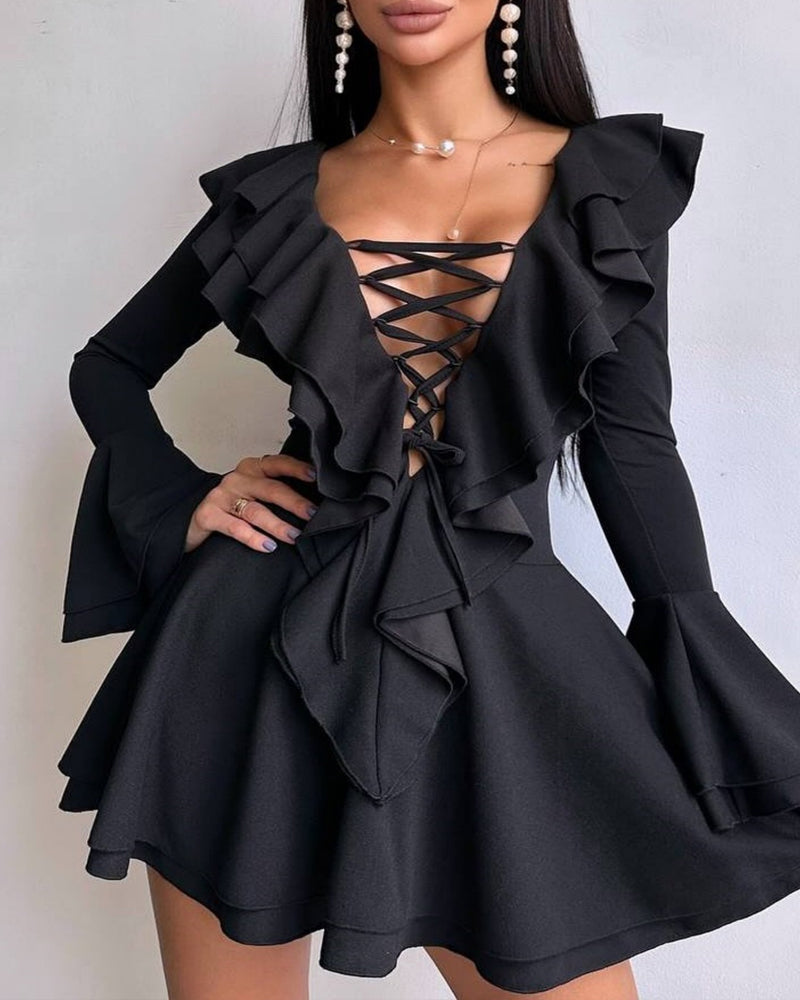 Stylish V Neck Slim-fit Tie-up Ruffle Bell Sleeve Dress Secondary image