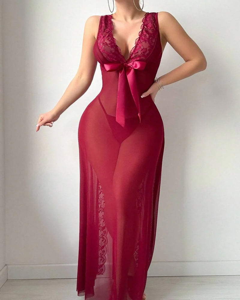 Sexy Deep V-neck High Slit Lace See-through Long Nightgown Main image