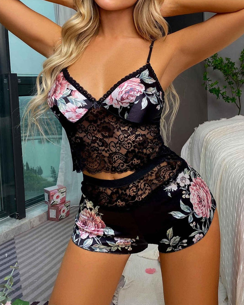 Women's Deep V Sexy Floral Print Lace-Trimmed Camisole and Shorts Pajama Set Secondary image
