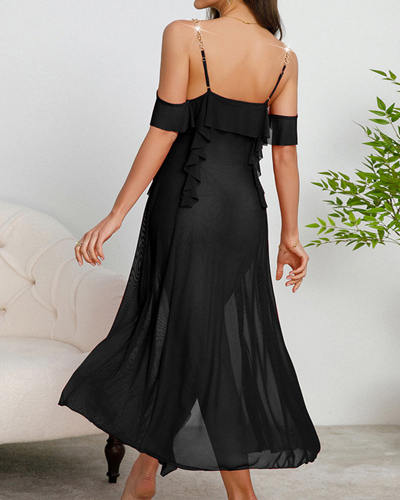 Sexy Ruffled Sheer Mesh Metal Chain Straps Long Slip Dress Nightgown