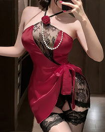 Sexy Halter Neck Lace See-through Mesh Patchwork Lingerie Nightgown Set