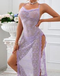 Sexy Halter Neck Lace Sheer Mesh High Slit Chain-embellished Long Nightgown