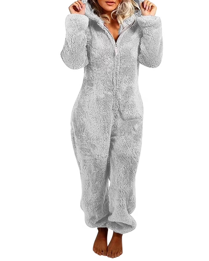 Teddy Bear Ear Zipper Hooded Plush Long-Sleeved Pants Onesie Pajamas Secondary image
