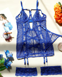Sexy Openwork Lace Mesh See-through Lingerie Nightgown Set