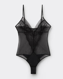 Black Floral Lace Mesh See-through Deep V Sexy Bodysuit