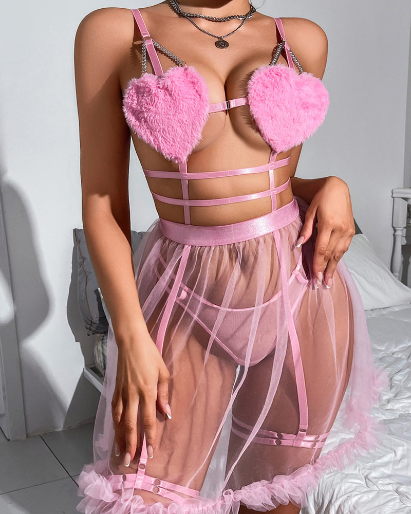 Heart-shaped Cutout Sexy Sheer Mesh Chemise and Thong Set Main image