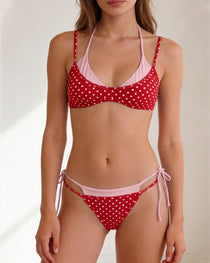 Beach Vacation Halter Neck Polka Dot Colorblock Bikini Swimsuit Set