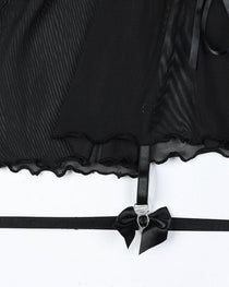 Sexy Lace Mesh See-Through Straps Cross Bow Mesh Ruffled Nightdress