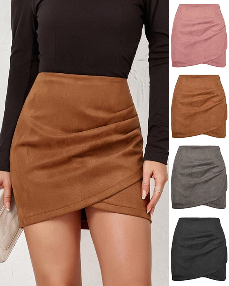 Suede Pleated Irregular Zipper Bodycon Mini Skirt Main image