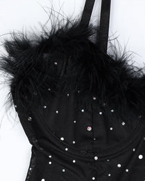 Sexy Rhinestone Feather Patchwork See-Through Elastic Mesh Slit Lingerie Nightgown