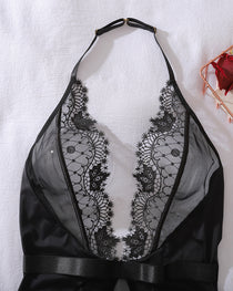 Deep V Halter Neck See-through Lace Sexy Bodysuit Lingerie