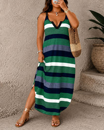 Women's Rainbow Striped V Neck Spaghetti Strap Long Dress