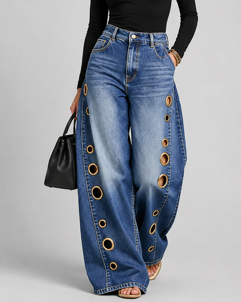 Casual Loose Metal Perforations High Waist Wide-leg Washed Jeans Main image