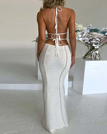 Vacation Sexy Halter-neck Knitted Strappy Deep V-neck Backless Long Beach Dress
