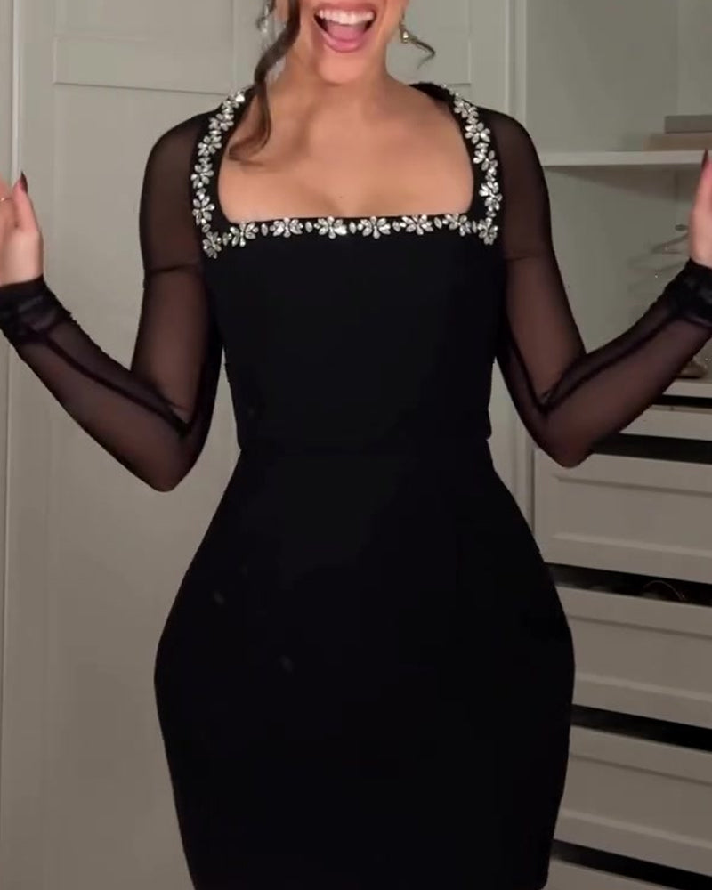 Black Crepe Rhinestone Square Neck Sheer Mesh Long-sleeved Mini Dress Secondary image