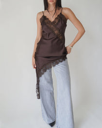 Sexy V-neck Ice Silk Lace Patchwork Asymmetrical Casual Suspender Mini Dress