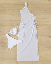 Sexy Solid Color Halter Bikini and One-shoulder Long Cover-up Set