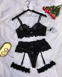 Sexy Floral Lace Mesh Underwire Bra Lingerie and Detachable Lace Thigh Garter Belt Set