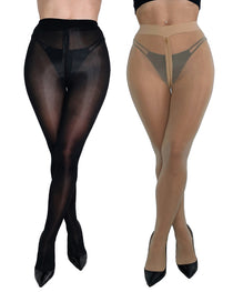 Two Pairs High Waisted Silky Shiny Transparent with Zipper Crotch Pantyhose