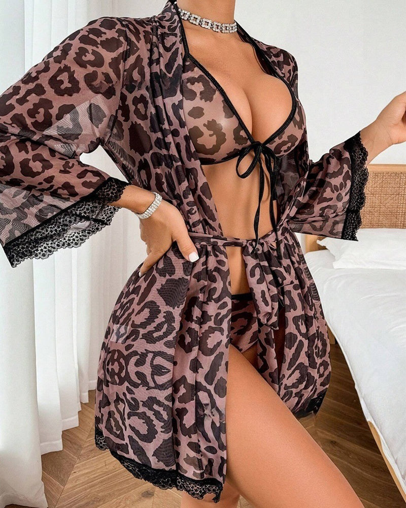 Sexy Leopard Print Mesh Halter Bikini and Robe Set Secondary image