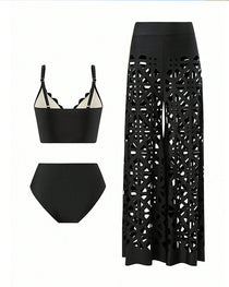 Deep V Neck Cutout Bikini Swimsuit and Wide-leg Pants
