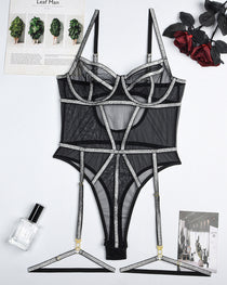 Sexy Mesh Sheer Gold Thread Patchwork Erotic Bodysuit