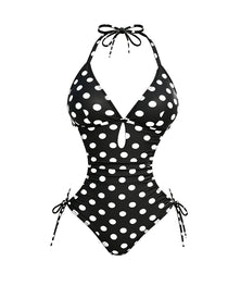 Women's Deep V Halter Neck Polka Dot Print Drawstring One-Piece Swimsuit