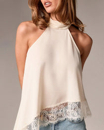 Women's Sleeveless Lace-trimmed Asymmetrical Halter Neck Satin Breathable Top