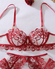 Floral Embroidery See-through Push-up Shaping Thin Sexy Lingerie Set with Stockings